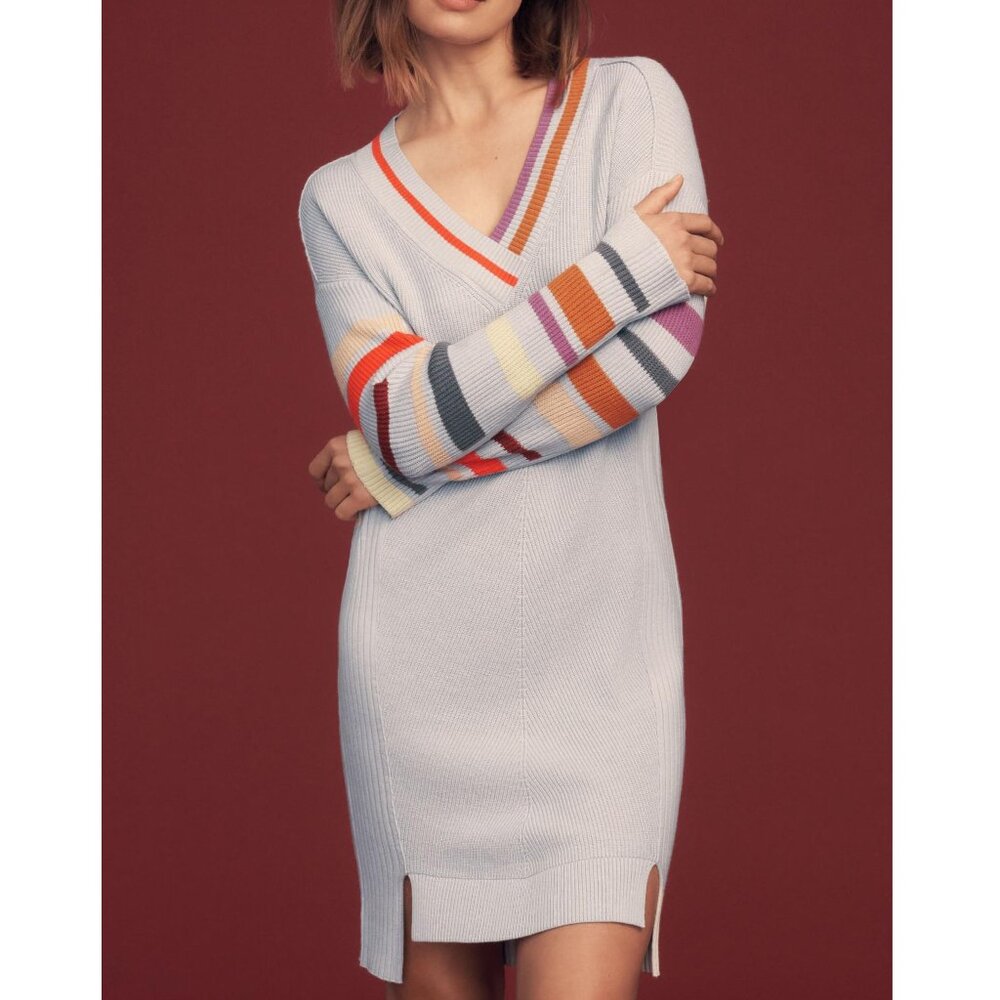Anthropologie Daily Practice Stripe-Sleeve Sweater Dress Light Gray Medium